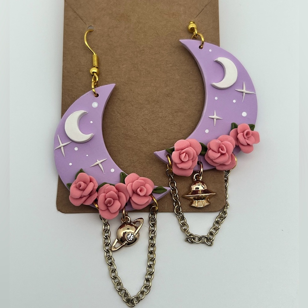 Handmade purple/lilac Moon Dangly Earrings